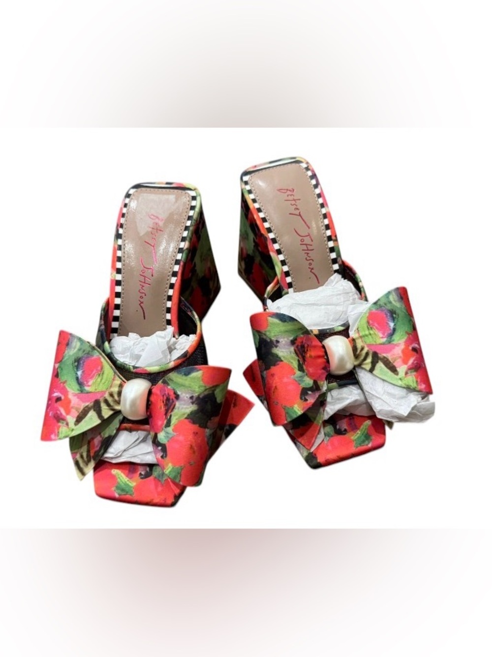 NWOT Betsey Johnson Multicolor Floral Bow Pearl-Accent Mules - Picture 2 of 4